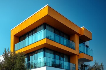 Obraz premium Modern apartment building with balconies against blue sky, close-up real estate photography shot.