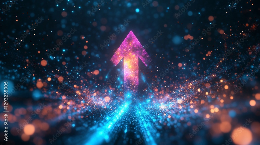 Poster Glowing arrow pointing upwards with multicolored sparkles against dark background. Futuristic digital success and progress concept