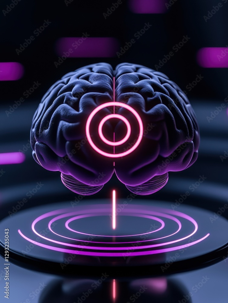 Poster futuristic visualization of a brain with neon circles, representing advanced technology.