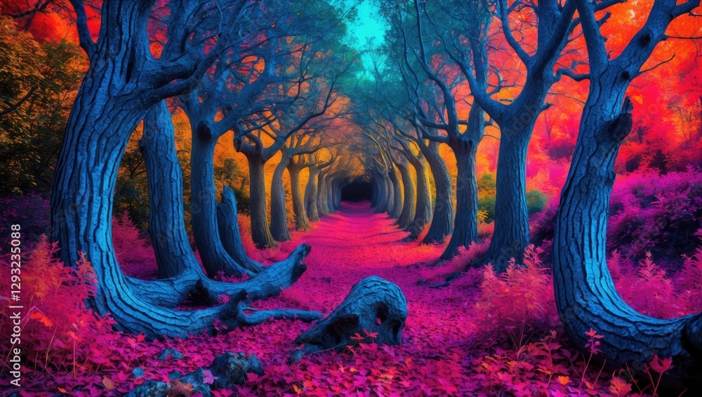 Poster vibrant fantasy forest with colorful trees and surreal foliage creating a captivating abstract lands