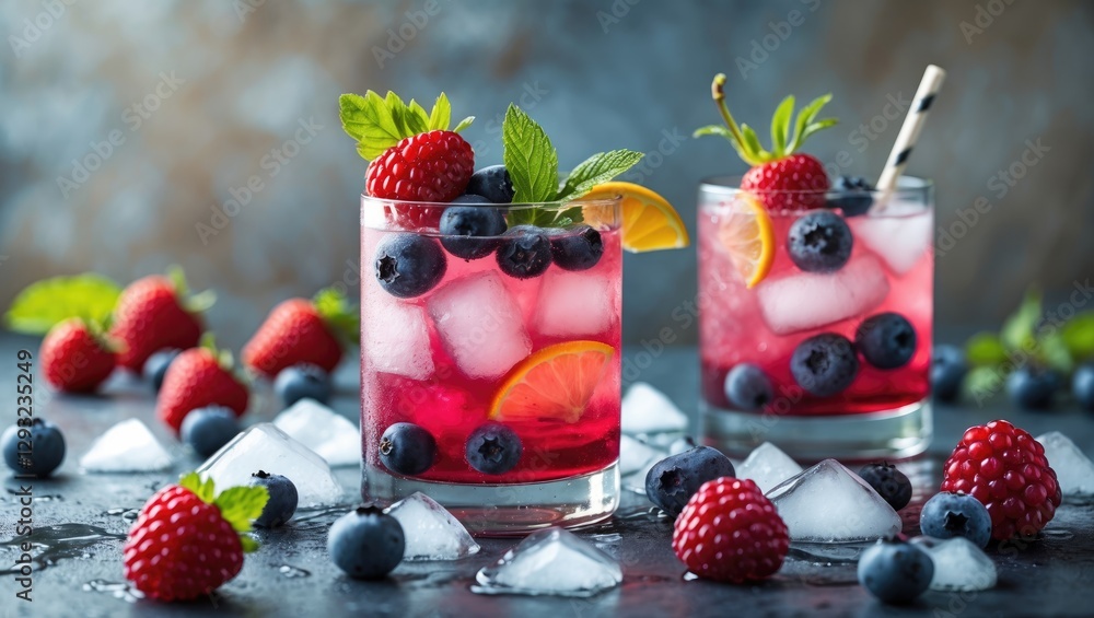 Poster refreshing summer berry cocktails with ice cubes and garnish surrounded by fresh berries and empty s