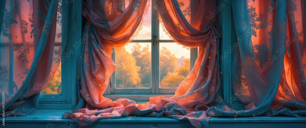 Aufkleber captivating window drapery bathed in warm sunlight creating a tranquil ambiance with soft colors and