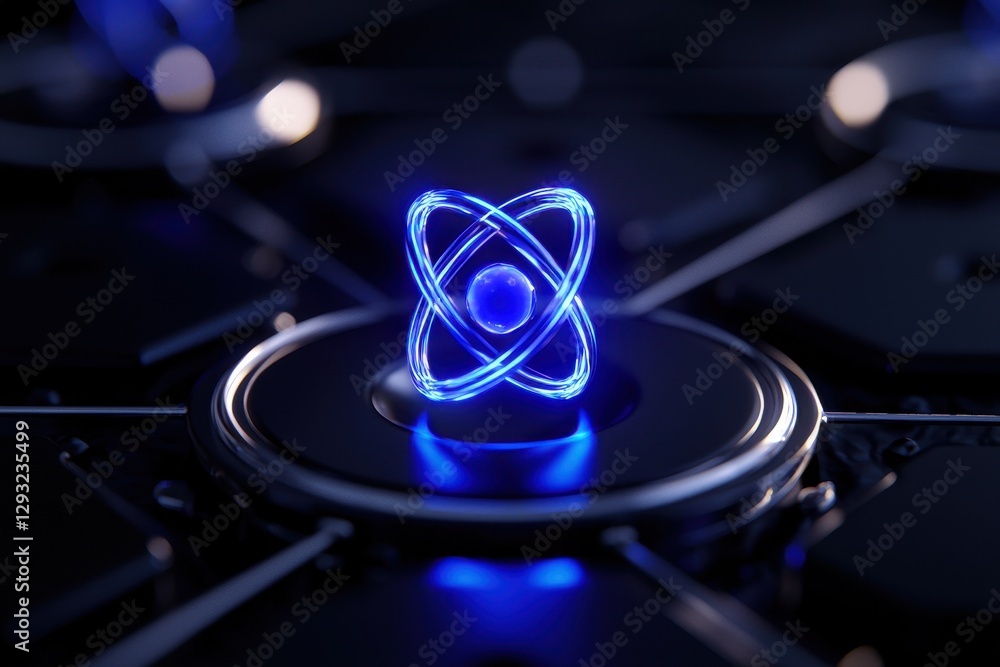 Poster glowing blue atom model on a dark background representing advanced technology.