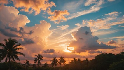 Fototapeta premium Tropical Sunset Sky with Vibrant Clouds and Silhouetted Palm Trees Under Golden Sunlight