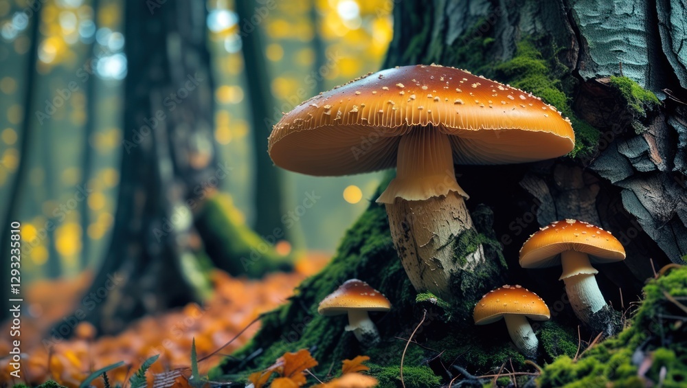 Poster mushroom cluster growing on tree trunk in autumn forest showcasing vibrant colors and intricate text