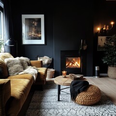 The warm lights and cozy interior of a living room