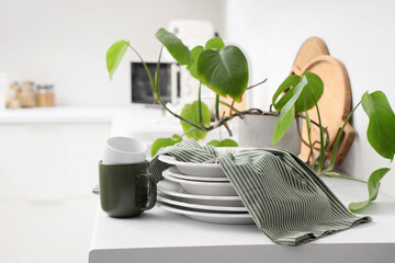 Clean dishes with napkin and plant on counter in kitchen, closeup