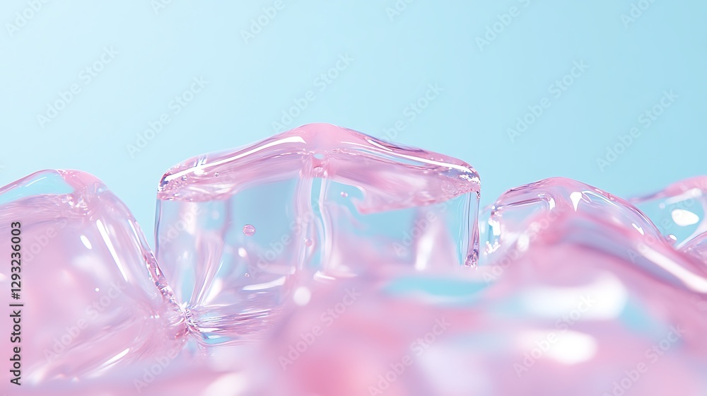 Poster transparent ice cubes on a soft pink background with gentle light reflections and bubbles in the sce