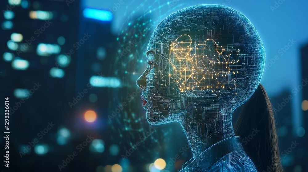 Poster ai technology is being used to help businesses. people use ai brain processors to work with big data