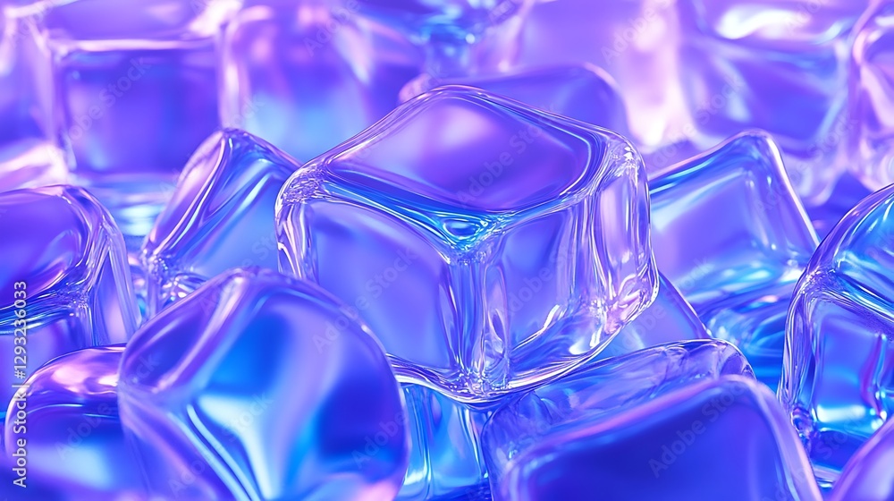 Poster transparent ice cubes arranged in a colorful background with shades of blue and purple creating a me