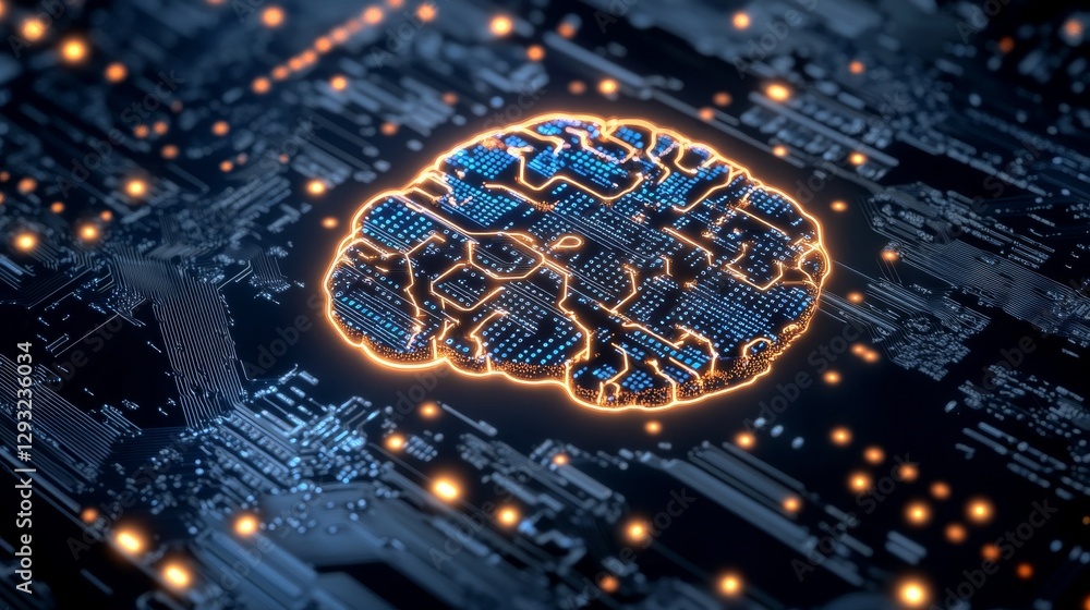 Poster ai technology is being used to help businesses. people use ai brain processors to work with big data