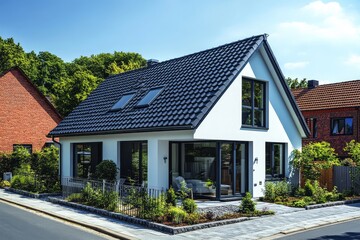 Modern single-story family house in Germany with white walls, black roof, gray window frames, surrounded by trees and shrubs, clear blue sky.