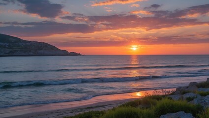 Fototapeta premium Serene Sunset Over Tranquil Coastal Waters with Gentle Waves and Lush Greenery in the Foreground