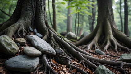 Obraz premium Forest Floor with Tree Roots and Stones Surrounded by Lush Greenery in a Tranquil Natural Setting