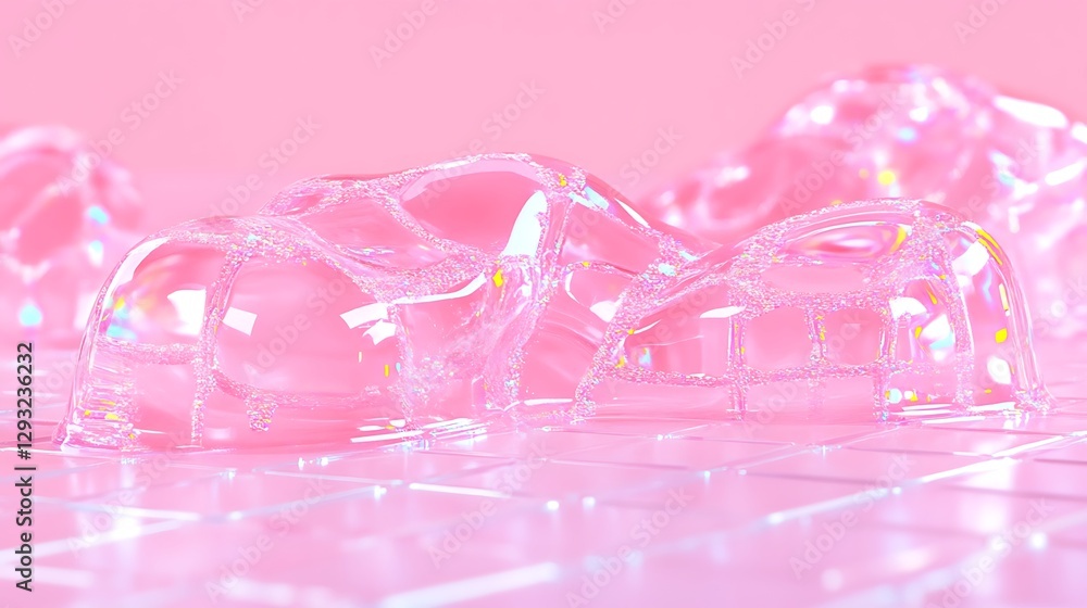 Poster transparent soap bubbles glowing on pink background with colorful reflections and soft shadows