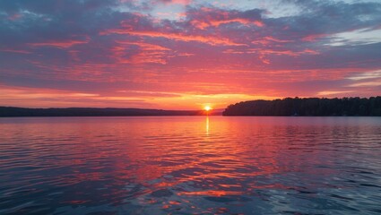Naklejka premium Vibrant Sunset Reflections Over Tranquil Lake Water Serenity and Colorful Skies Enhancing Natural Beauty at Dusk