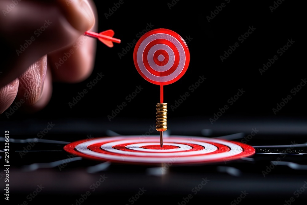 Poster hand aiming a dart at a target symbolizing focus and achieving goals.
