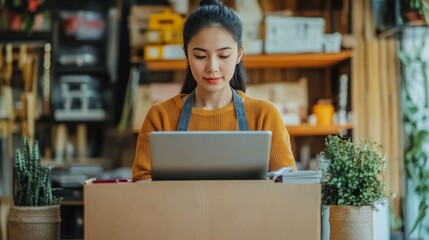 An Asian woman with her own small business uses a laptop and a box to take orders and review them online. She then prepares the orders and sells them to customers.