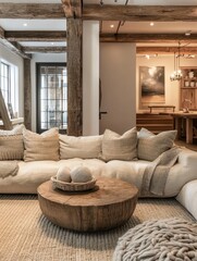 A modern living room features a rustic wooden coffee table