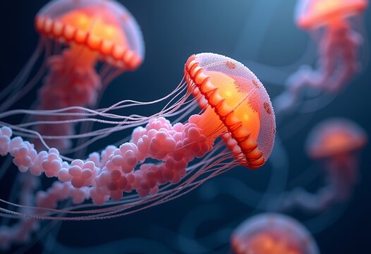Experience the magic of the deep sea with this photorealistic 4K rendering featuring marine jellyfish in a playful Mori Kei arrangement, airbrushed and rendered in Cinema4D with light magenta and ambe