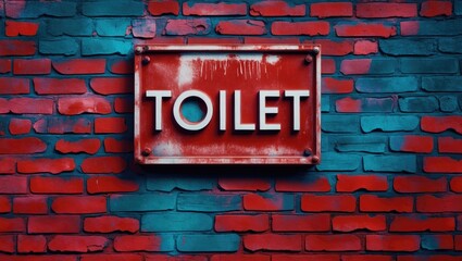 Obraz premium Toilet sign displayed prominently on a vibrant red brick wall with a textured background showcasing urban aesthetics and decor.