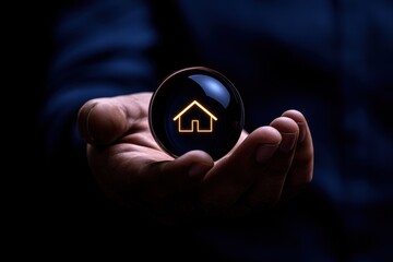 Hand holding a lens with a glowing house symbol, illustrating real estate and investment.