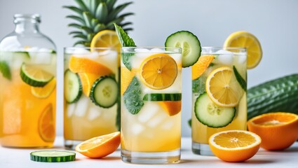 Fototapeta premium Refreshing Summer Lemonade Cocktail with Tropical Citrus and Cucumber Garnish in Stylish Glasses on a Bright Background
