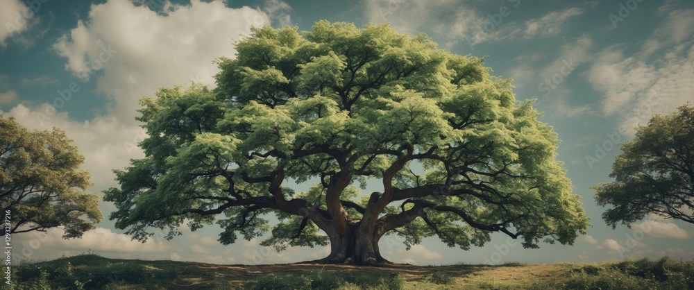 Poster majestic green tree on a hill with blue sky and clouds creating a serene landscape with space for te