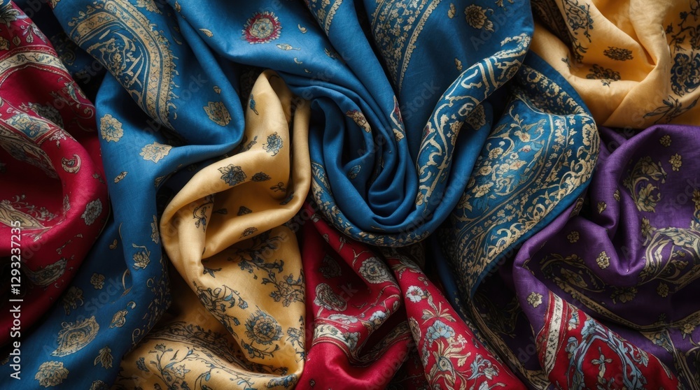 Poster elegant array of textured traditional arabian scarves in vibrant colors creating an abstract backgro