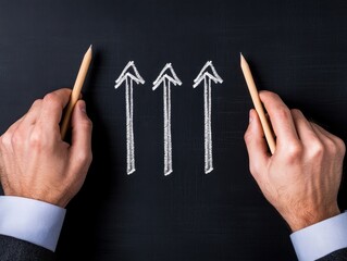 Hands holding pencils with upward arrows drawn on a chalkboard representing growth.