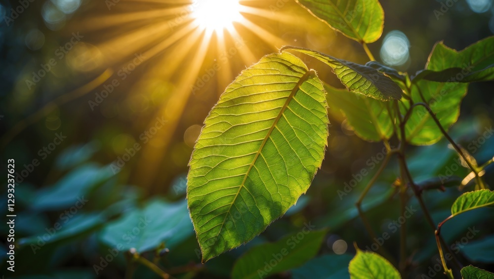 Poster sunlight filtering through leaves creating a natural backlight effect in a lush green forest environ
