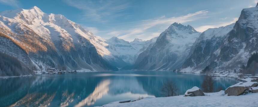 Stunning panorama of Thuner Lake with snow-capped Alps mountains reflecting on calm water and expansive space for text or captions.