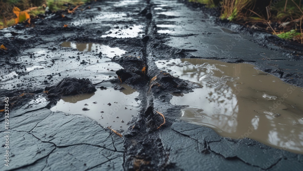 Poster mud puddles on a cracked slate road create a rustic landscape scene with natural textures and reflec