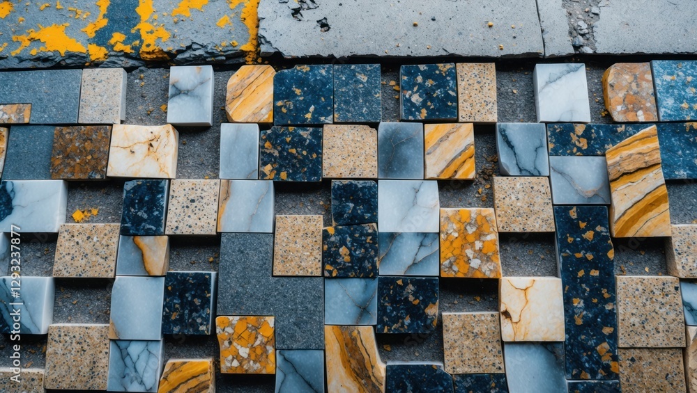 Poster textured sidewalk of colorful marble and granite tiles in a chaotic pattern with visible cement stre