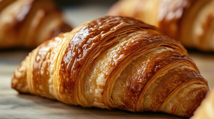 Freshly Baked Croissant with Golden Flaky Layers in Bakery Setting