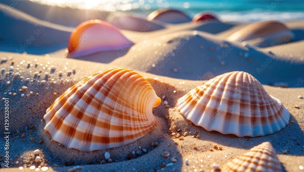 Poster seashells scattered on sunlit beach sand creating a serene summer scene with a calming ocean backdro