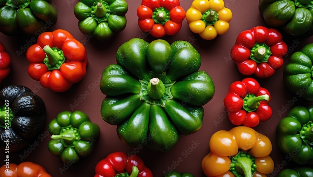 Poster colorful assortment of bell peppers from above creating a vibrant pattern suitable for backgrounds a