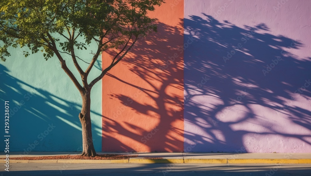 Poster tree shadow cast on vibrant segmented wall showcasing a mix of colors creating a picturesque urban l