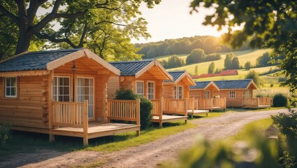 Naklejka premium Charming Wooden Camping Cottages Bathed in Golden Sunlight Amidst Lush Green Countryside Scenery on a Tranquil Summer Day.