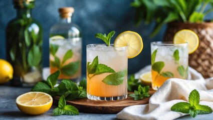 Refreshing Summer Cocktails with Lemon and Mint Garnish on Wooden Platter with Empty Copy Space for Creative Text Placement