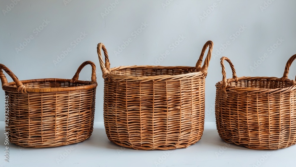 Poster wicker rattan baskets in various sizes on a white background with empty space for text or branding e