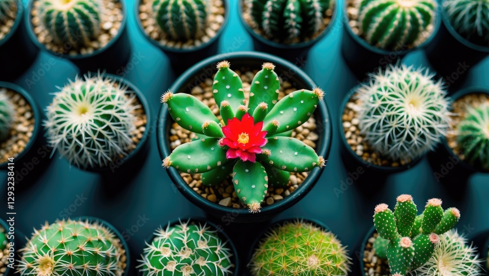 Poster vibrant top view of assorted small cacti in black pots showcasing unique shapes and colors with a bl