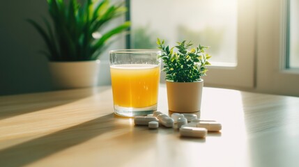 Obesity drug beside a glass of fresh juice and a small plant on a wooden table. Featuring health and hydration