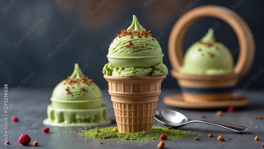 Poster cute doll-shaped matcha ice cream in a cone with garnish surrounded by empty space for text or brand
