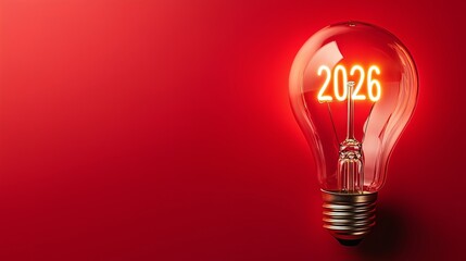 Glowing red light bulb with 2026 inside, symbolizing bright ideas, innovation, and a fresh start for new year 2026