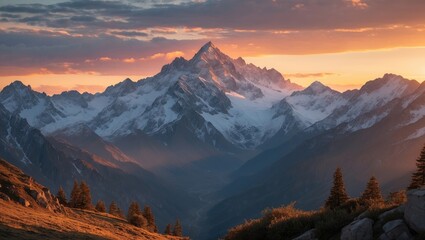 Obraz premium Majestic Sunrise Over Snow-Capped Mountains Illuminating Serene Landscape and Nature's Beauty in a Vibrant Color Palette