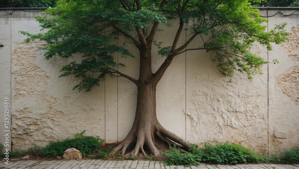 Poster tree growing against a textured wall creating a striking contrast between nature and architecture in