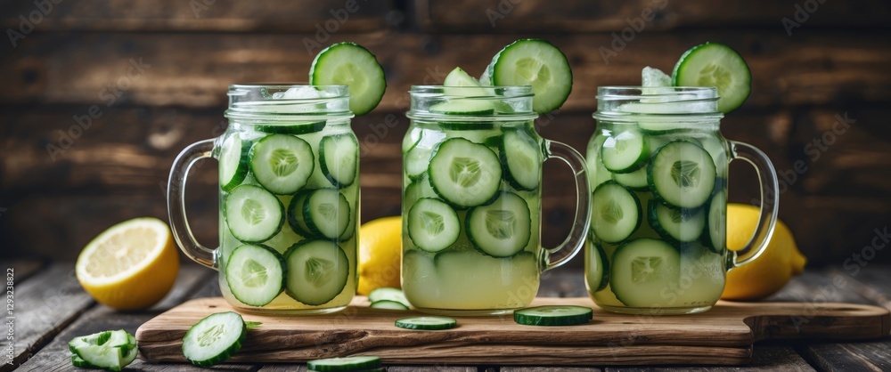 Poster three refreshing mason jars filled with cucumber lemonade garnished with fresh slices on a rustic wo