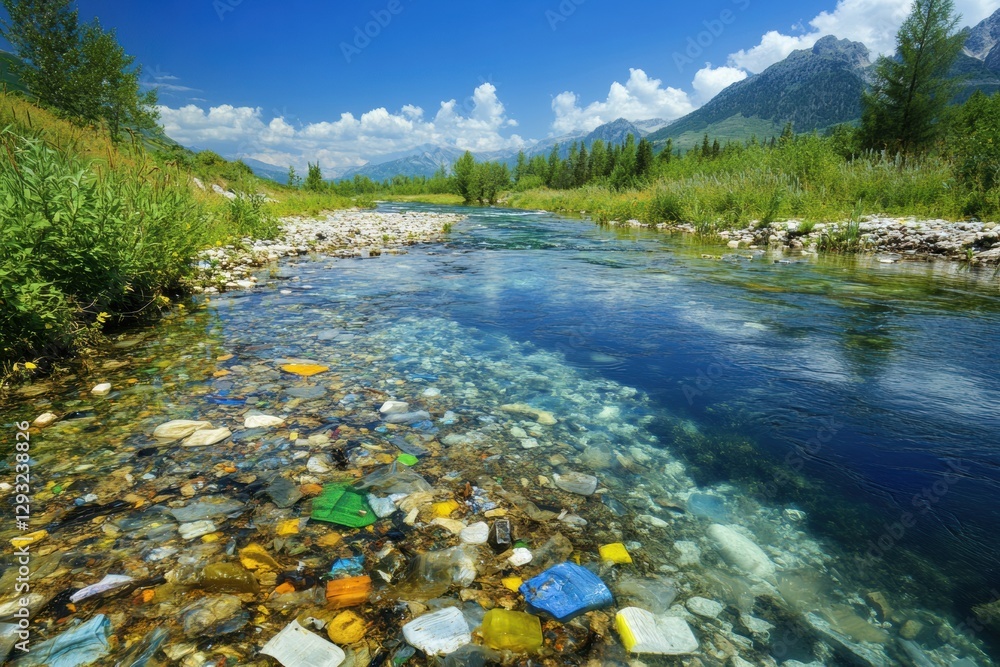 Poster Polluted river overflowing with trash contrasts with pristine stream showcasing environmental impact. Generative AI