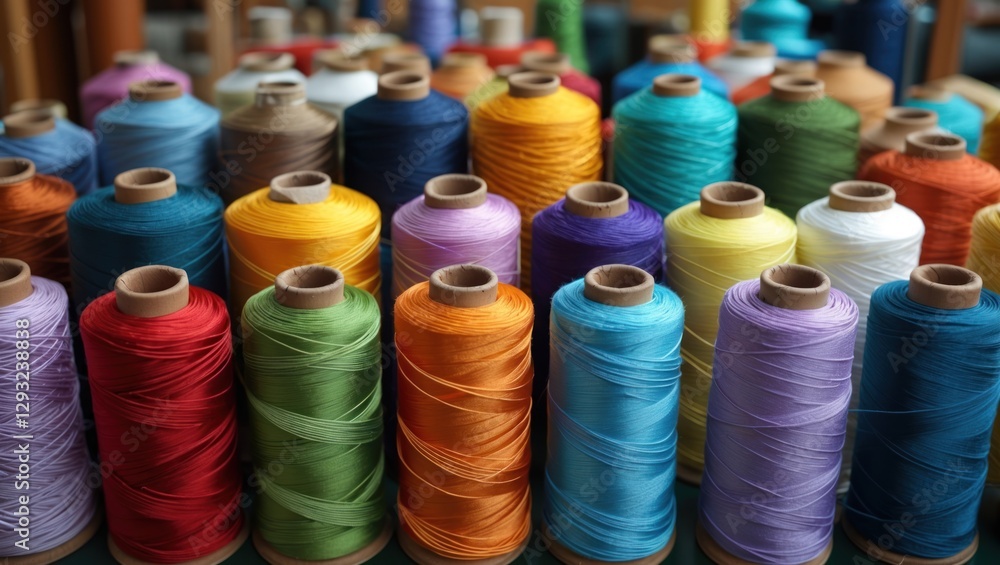 Poster colorful spools of thread arranged neatly on a table showcasing diverse hues ideal for textile and c